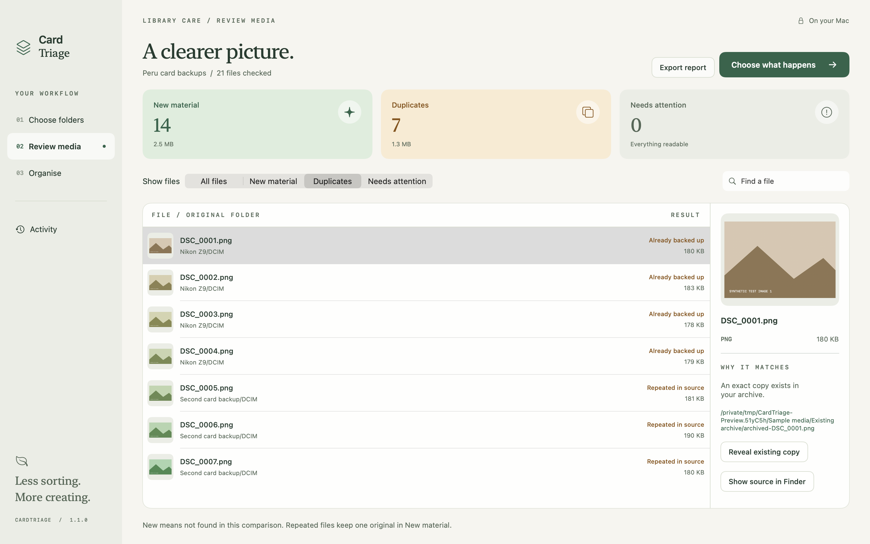 CardTriage’s Review screen separates new material from duplicates and shows the existing copy behind an exact match.